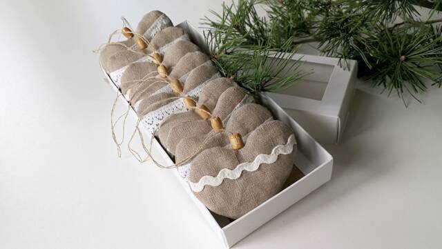 Handmade Linen Heart Ornaments - Set Of 9 - Rustic Christmas Decor Valentine Day Gift - image 1