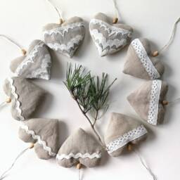 Handmade Linen Heart Ornaments - Set Of 9 - Rustic Christmas Decor Valentine Day Gift - thumbnail 3