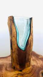 Molten Glass Vase On Wood Root Stand Rustic Ornament Sculpture Key Sweet Display Dish - thumbnail 1