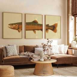 Vintage Trout Wall Art Set Of 3, Rustic Fishing Poster Prints, Antique Nature Illustration Decor, Coastal Cabin - thumbnail 3