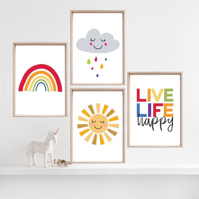 4 Boys Nursery Prints, Live Life Happy, Bedroom Rainbow Wall Art, Playroom Girls Kids - image 1