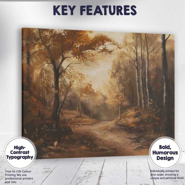 Moody Autumn Forest Path Sunlight Woodland Landscape Canvas Wall Art Print Decor Picture Ready To Hang - image 1