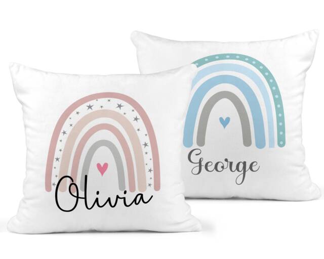 Personalised Rainbow Cushion, Kids Bedroom Decor, Nursery Scatter Throw Pillow, Custom New Baby Birthday - image 1