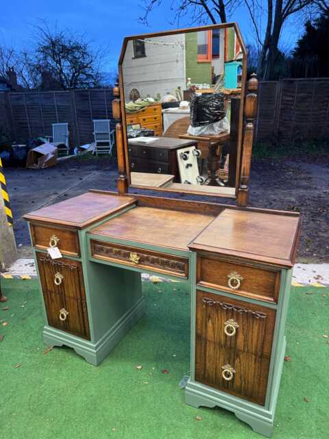 Vintage Old Charm Linenfold Dressing Table With Mirror Restored & Painted Green Oak Finish - image 1