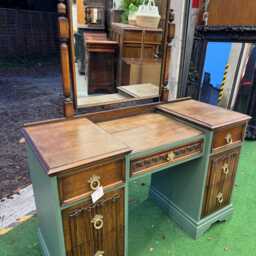 Vintage Old Charm Linenfold Dressing Table With Mirror Restored & Painted Green Oak Finish - thumbnail 2