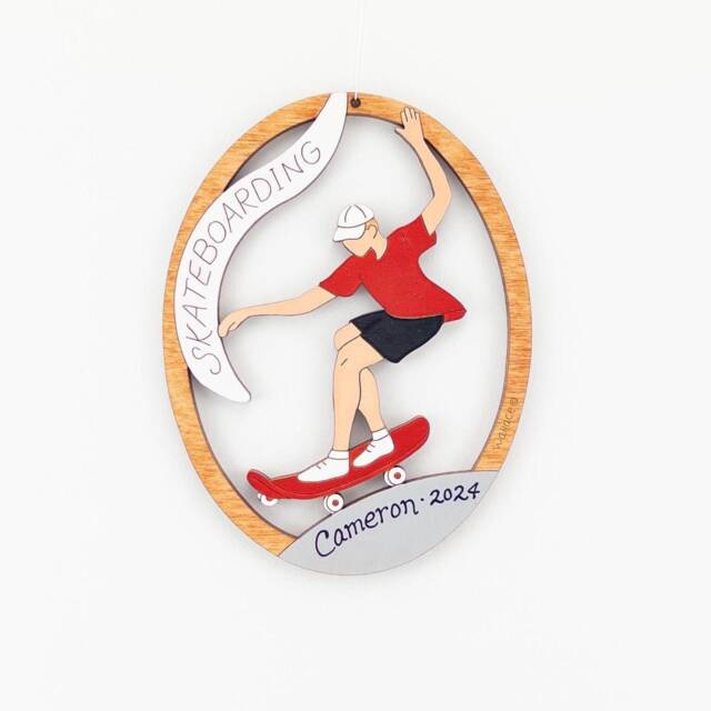Personalized Skateboarding Christmas Ornament-Wood, Hand Painted, Laser Cut - image 1