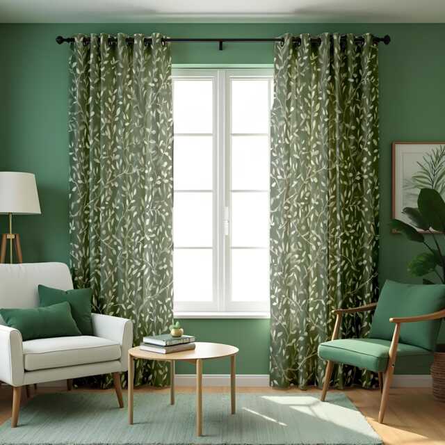 Green Botanical Curtains, Leaf Print Drapes, Custom Window Panels For Living Room Bedroom Nature Inspired Fresh Home Decor - image 1