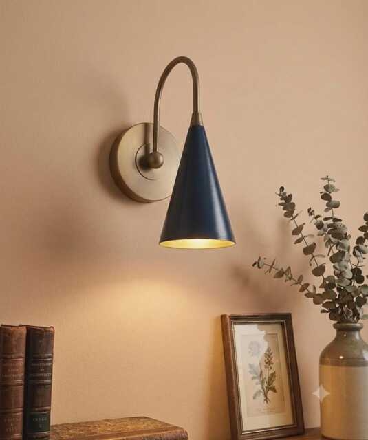 Mid Century Modern Wall Sconce, Brass Swing Arm Light With Navy Blue Cone Shade Vintage Style Lamp Italian Sconce Pair Gift - image 1