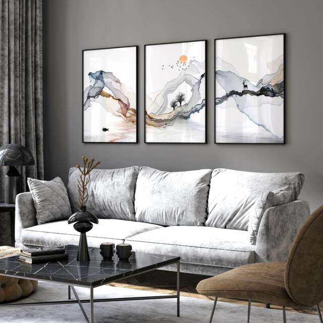 Home Decor Wall Art, Watercolor Minimal Landscape Mountain Set Of 3 Prints, Above The Bed Wall Art, Hangings Office - image 1