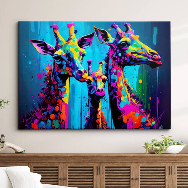 Colorful Giraffe Family Group Abstract Oil Painting Style Wall Art, Framed Canvas Poster Print, Home Kitchen Office Room Decor, Gifts - image 1