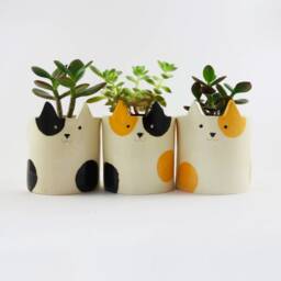 Handmade Ceramic Cat Planter White Pottery With Black Patches - thumbnail 4