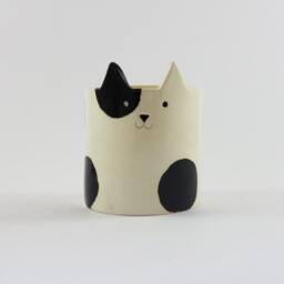 Handmade Ceramic Cat Planter White Pottery With Black Patches - thumbnail 2