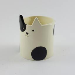 Handmade Ceramic Cat Planter White Pottery With Black Patches - thumbnail 3