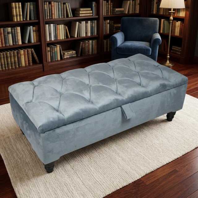 Duck Egg Blue Velvet Ottoman Bench, Chesterfield Storage Trunk, Handmade - image 1