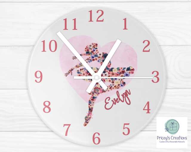 Floral Ballerina Clock, Glass Wall Gift For Ballet Dancer, Birthday Xmas Present Her, Girls Bedroom Kids Decor, Dancers - image 1