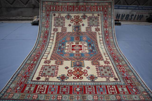 6x8 Ft Afghan Geometric Kazak Rug - Tan Beige Handmade Natural Wool Oriental Area Living Room Dining Table - image 1