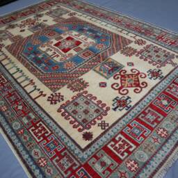 6x8 Ft Afghan Geometric Kazak Rug - Tan Beige Handmade Natural Wool Oriental Area Living Room Dining Table - thumbnail 2