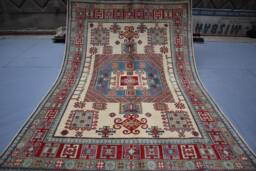 6x8 Ft Afghan Geometric Kazak Rug - Tan Beige Handmade Natural Wool Oriental Area Living Room Dining Table - thumbnail 1