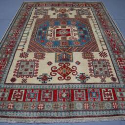 6x8 Ft Afghan Geometric Kazak Rug - Tan Beige Handmade Natural Wool Oriental Area Living Room Dining Table - thumbnail 3