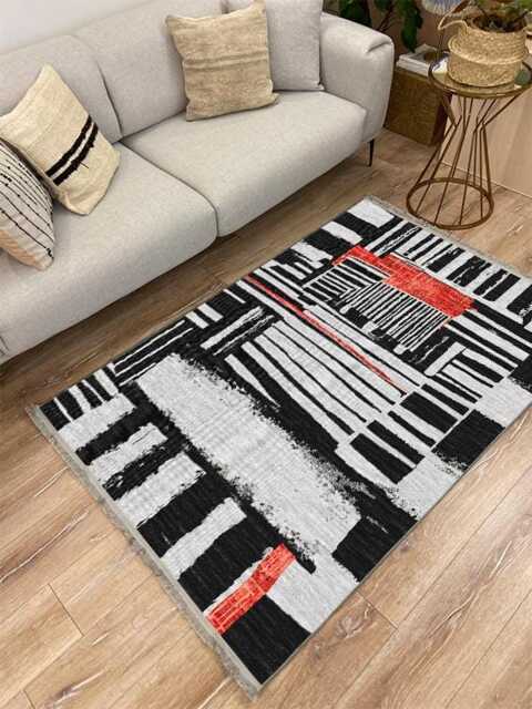 Abstract Brushstroke Chenille Rug Black, Gray & Red - Washable Carpet - image 1