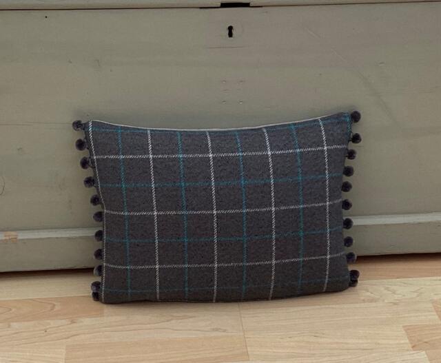 Handmade Bamburgh Tartan Plaid Cushion Cover Grey Aqua Tweed Pillow With Pompom Trim - image 1