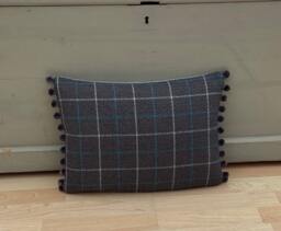 Handmade Bamburgh Tartan Plaid Cushion Cover Grey Aqua Tweed Pillow With Pompom Trim - thumbnail 1