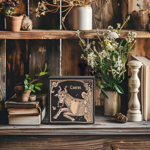 Taurus Zodiac Engraved Birch Wood Panel - Block Print Style Wall Art, Astrology Sign Illustration, Astrological Decor Gift - image 1