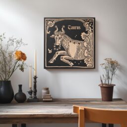 Taurus Zodiac Engraved Birch Wood Panel - Block Print Style Wall Art, Astrology Sign Illustration, Astrological Decor Gift - thumbnail 2