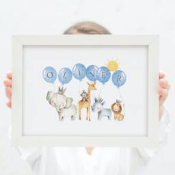 Personalised Safari Prints, Name Print, Jungle Picture, Wild One, Kids Christmas Gift, Nursery Decor, First Baby Zoo - thumbnail 1