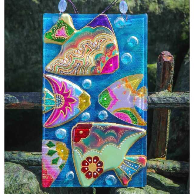 Rainbow Fish Fused Glass Painted Wall Panel - Stained Art Whimsical Modern Home Decor, Colorful Hanging Personalized Decor - image 1