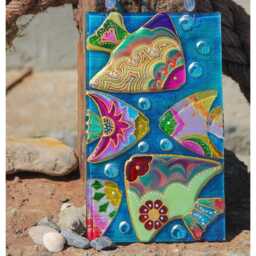 Rainbow Fish Fused Glass Painted Wall Panel - Stained Art Whimsical Modern Home Decor, Colorful Hanging Personalized Decor - thumbnail 2