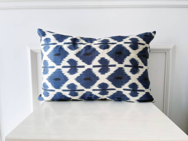 Navy Blue Silk Ikat Lumbar Pillow Bohemian Accent Cushion - image 1