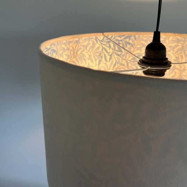 Cream Velvet Drum Lampshade, With William Morris Blue Willow Cotton Interior, Double-Sided Ceiling Light Shade - image 1