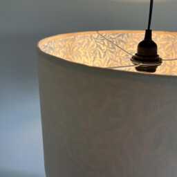 Cream Velvet Drum Lampshade, With William Morris Blue Willow Cotton Interior, Double-Sided Ceiling Light Shade