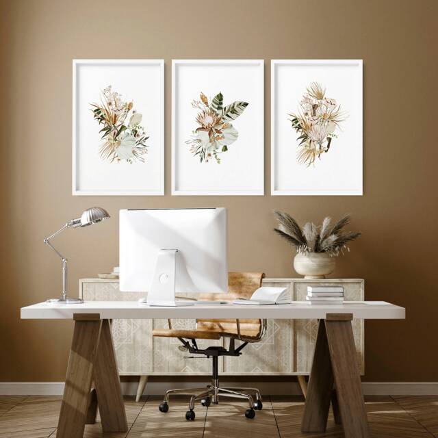 Home Office Decor For Women Framed 3 Piece Wall Art Print Set, Earth Tone Watercolor Greenery Designer Wall Art Professional - image 1