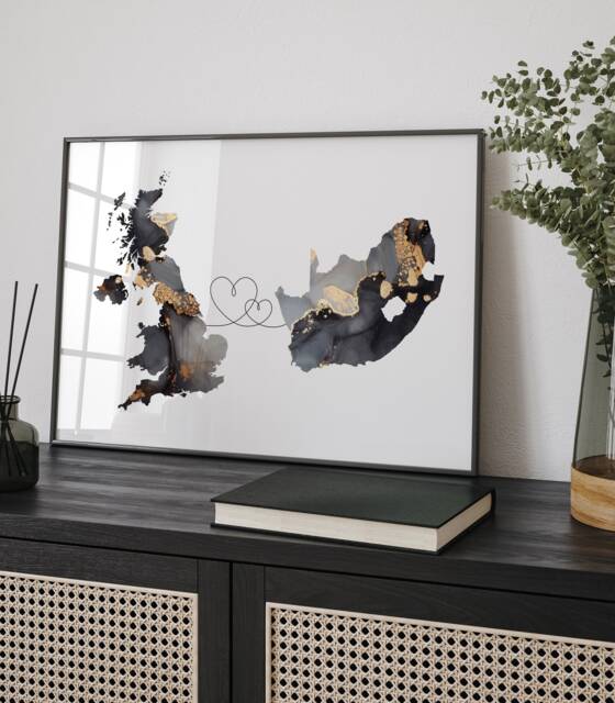 Britain & South Africa Map Black & Gold Travel Wall Art Print - United Kingdom UK - image 1