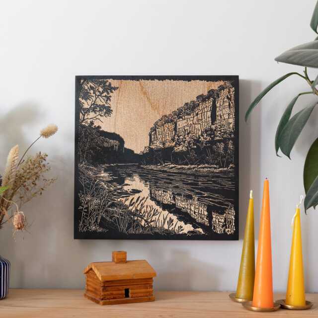 Arkansas Roark Bluff Buffalo River Engraved Wood Panel - Linocut Block Print Wall Art, State Illustration, Folk Art Home Decor Gift - image 1