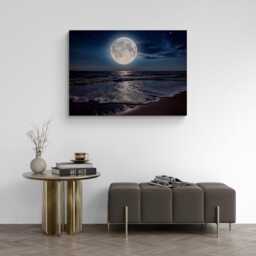 Moon Over Sea Beach Framed Canvas Picture Print Wall Art Decor - thumbnail 2