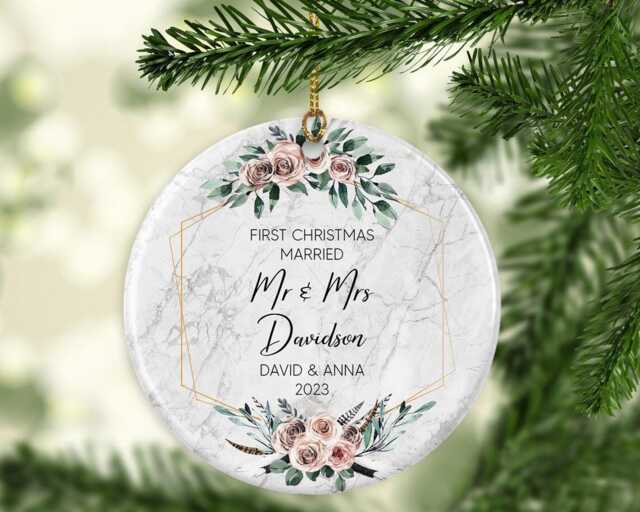 Ceramic Christmas Ornament - First Year Married Eucalyptus Design - image 1
