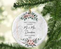 Ceramic Christmas Ornament - First Year Married Eucalyptus Design - thumbnail 1