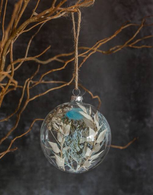 Glass Christmas Bauble Filled With Dried Flowers. Large 10cm Design. Winter Blues Design Or Choose Your Own Colours - image 1