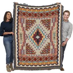 Salmon Southwest Woven Tapestry Blanket, Native American Inspired Pattern, Tribal Camp Throw 100% Cotton Made in Usa 72x54 - thumbnail 2