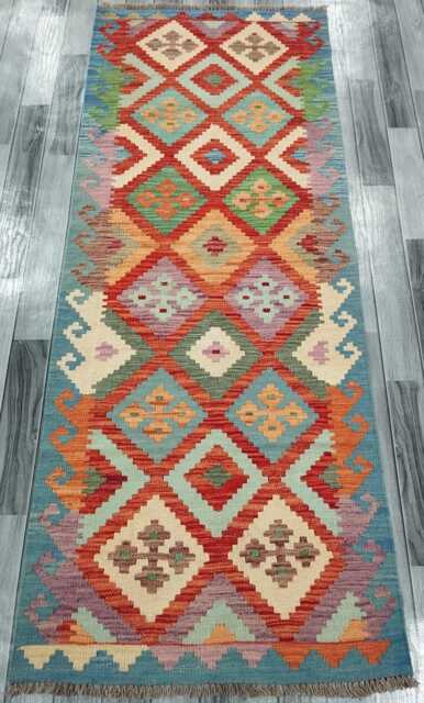 Multicolour Runner Rug, Handmade Artisan Afghan Turkish Scandinavian Navajo Bohemian Flatweave Wool Kilim 206x81 cm - image 1