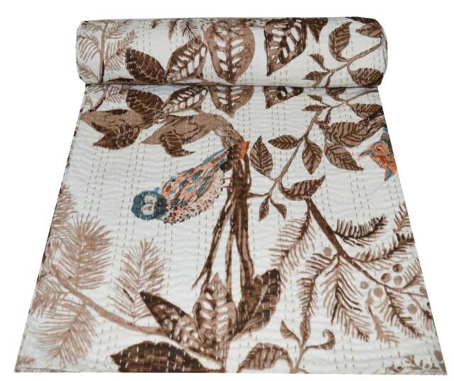New Indian Owl Print Brown Hand-stitched Kantha Quilt Queen Throw Cotton Bedspread Blanket - image 1