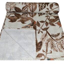 New Indian Owl Print Brown Hand-stitched Kantha Quilt Queen Throw Cotton Bedspread Blanket - thumbnail 2
