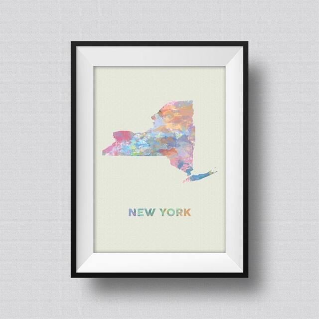 New York Map Usa Watercolor Art Print Ink Splash Poster Canvas