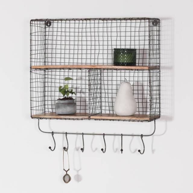 Rustic Loft Iron Metal Wire Large Multi Compartment Wall Mounted Wooden Shelf With Hooks Kitchen Storage - image 1