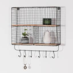 Rustic Loft Iron Metal Wire Large Multi Compartment Wall Mounted Wooden Shelf With Hooks Kitchen Storage - thumbnail 1