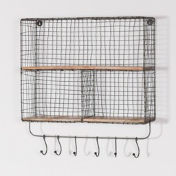 Rustic Loft Iron Metal Wire Large Multi Compartment Wall Mounted Wooden Shelf With Hooks Kitchen Storage - thumbnail 2