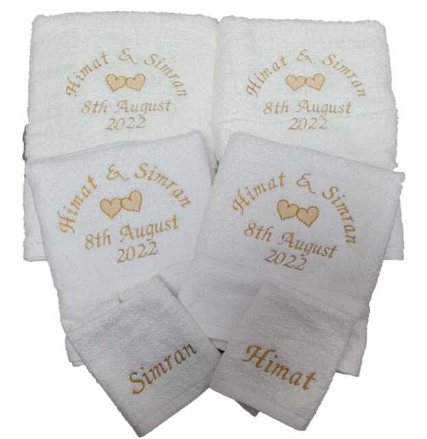 Personalised 6 Piece Wedding Towel Set With Hearts Embroidered Towels 2 Bath Hand & Face 2nd Anniversary Gift Silver Ruby Golden - image 1
